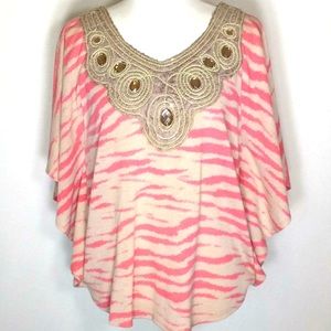 Pink Zebra Print Butterfly Sleeve Top w/Rhinestone